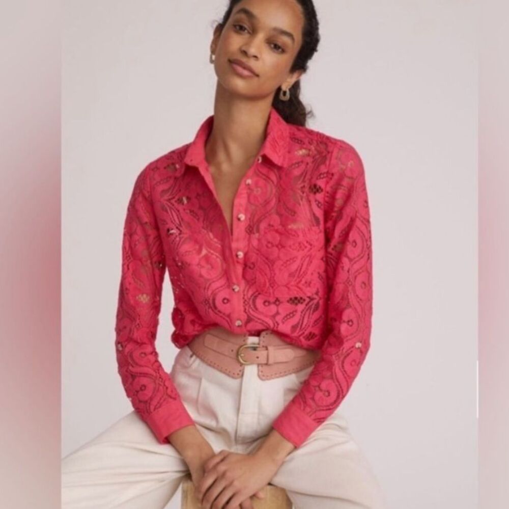 Anthropologie Maeve Magenta Pink Button Down Open Lace Blouse Top Size 8